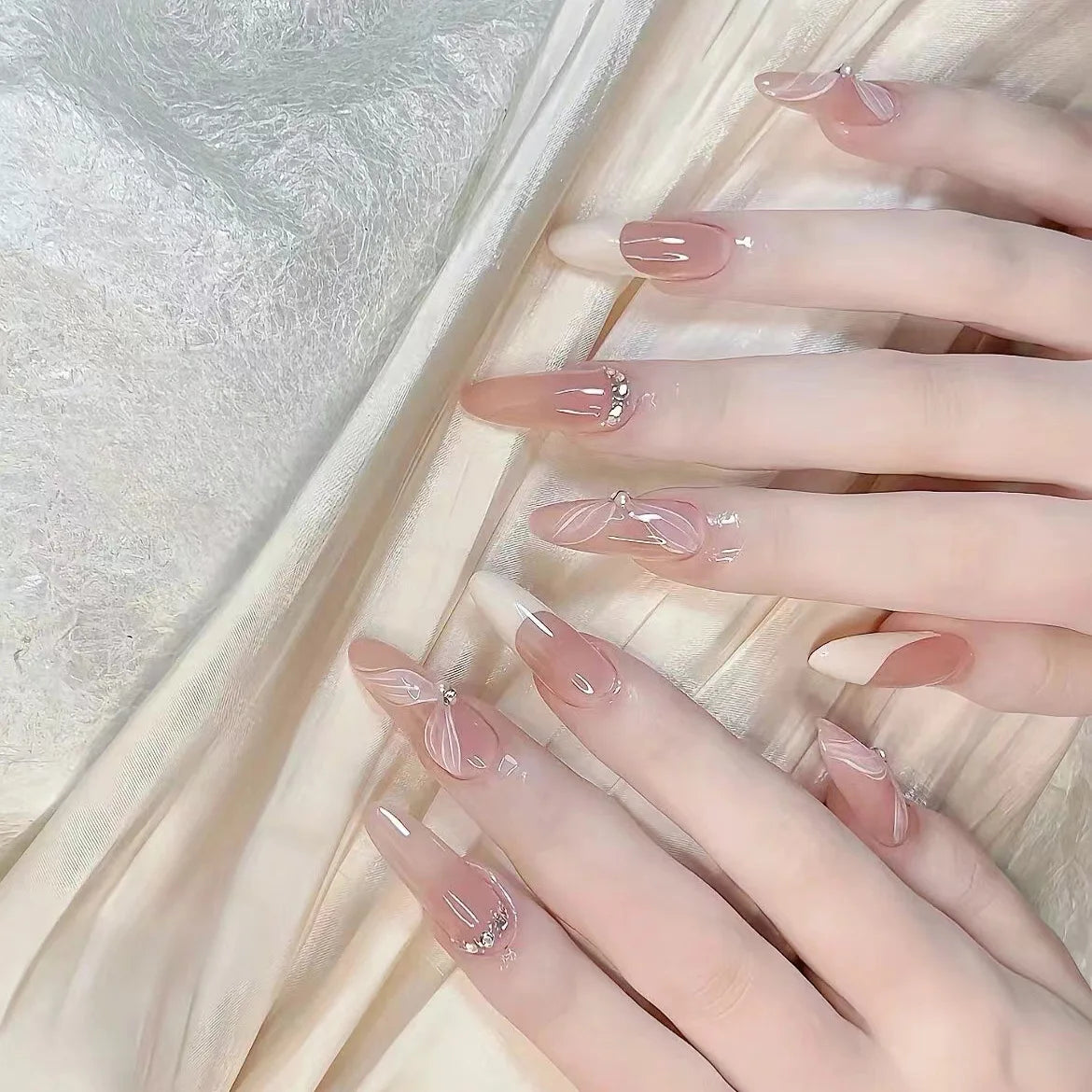 Aiertu 24Pcs Valentine Nails Press on Love Y2k Acrylic Nails Sparkle Butterfly French Cat Eye Almond Full Cover Stick on False Nail Tip Aiertu