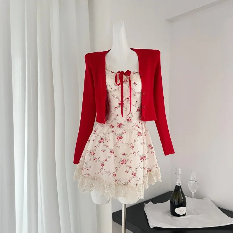 Aiertu 2024 New Sweet Floral Dress Set Woman Casual Red Short Cardigan Elegant Lace Y2k Mini Dress Beach Korean Fashion Clothing Suit Aiertu