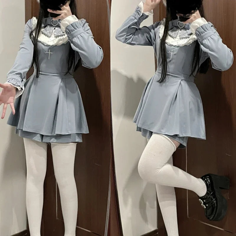 Japanese Punk Style Y2k Lolita OP Dress Women Vintage Elegant Ruffle Bow Lace Evening Party Dresses Female High Waist Slim Dress Aiertu