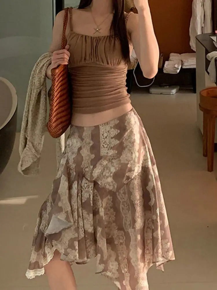 AIERTU  -  New Irregular Lace Splicing Hip Skirt Retro Versatile High Waist Hip Cover Mid-length Skirt Aiertu