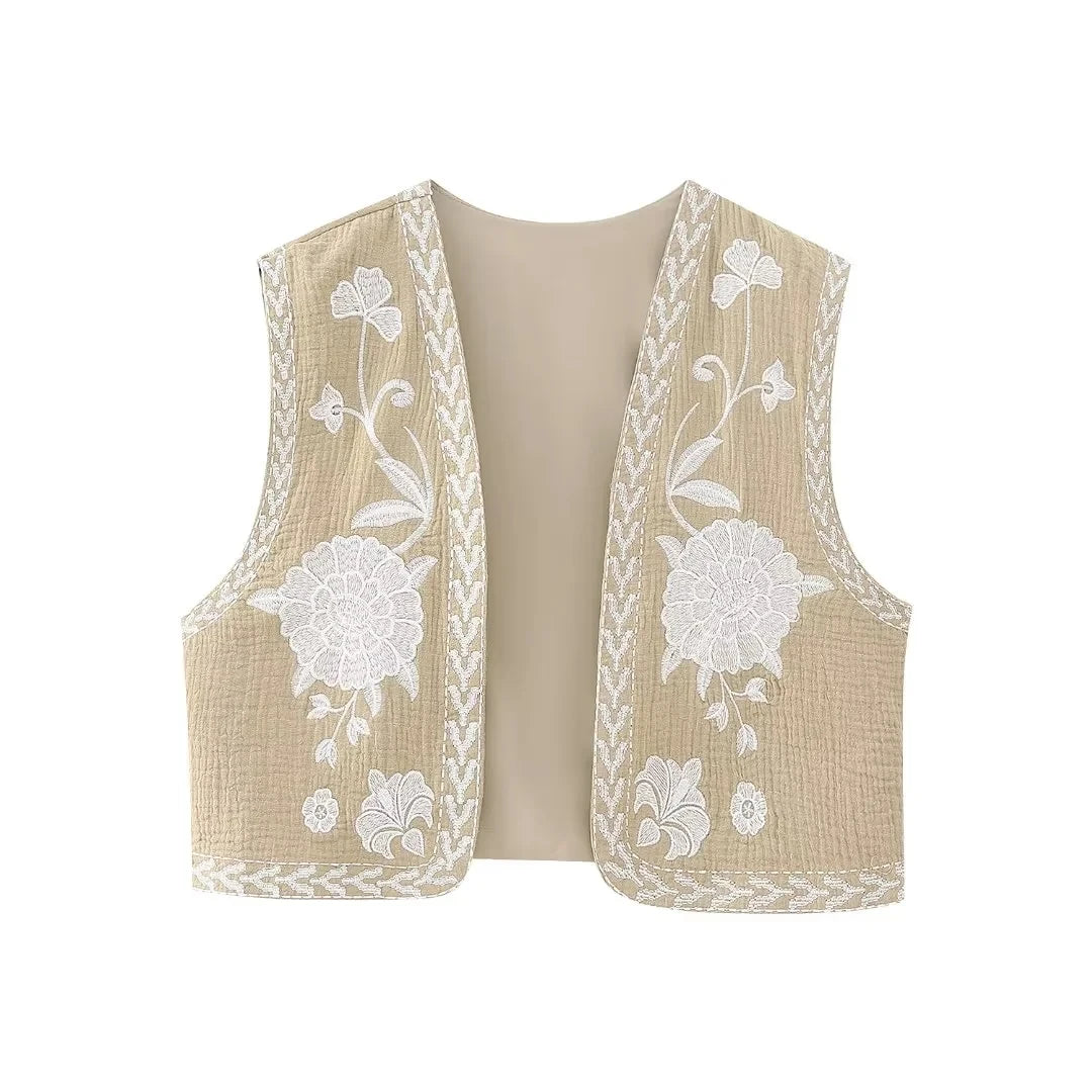 Aiertu Women Vintage Floral Embroidered Open WaistCoat Ladies National Style Vest Jacket Outfits Casual Vacation Crop Top Aiertu