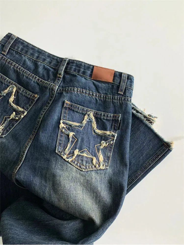 Aiertu Women's Blue Wide Leg Jeans Star Pocket Vintage Straight Pants High Waist Baggy Streetwear Casual Denim Trouser Ladies New Aiertu
