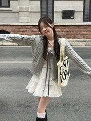 Aiertu Korean Fashion Grey Cardigans Women Sweet Gil Bow Bandage Coquette Knitted Sweater Mujer Casual Long Sleeve Tops Autumn aiertu