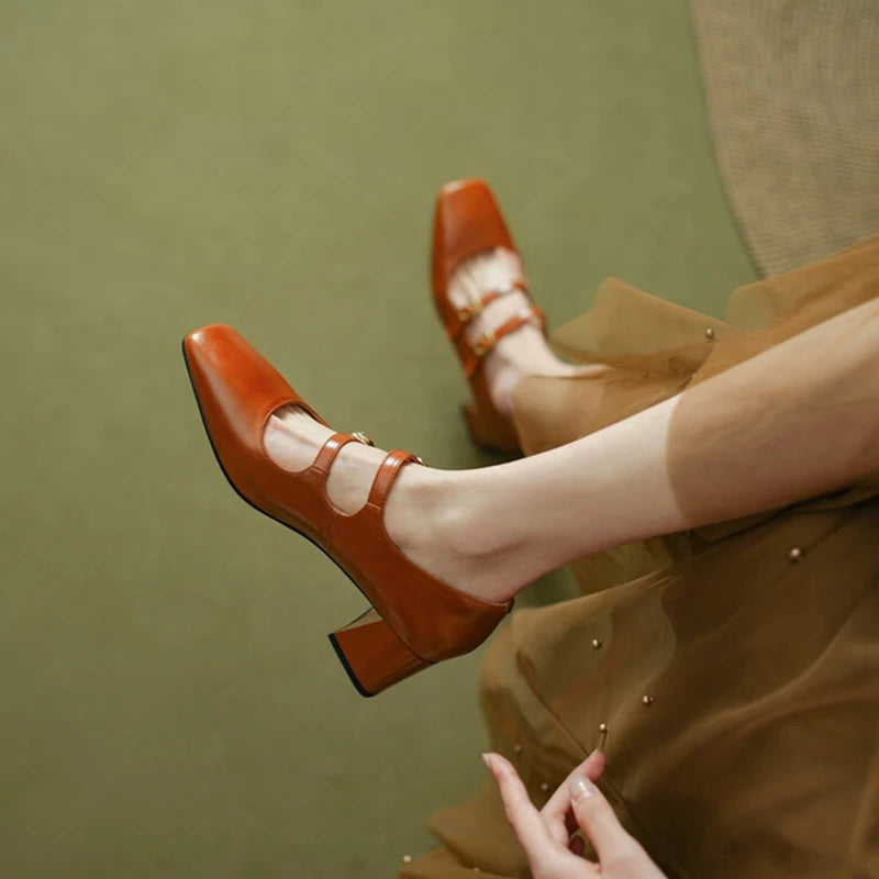 Aiertu NEW Spring Women Pumps Genuine Leather Shoes for Women Square Toe Chunky Heel Shoes Concise Mary Janes High Heel Women Shoes Aiertu