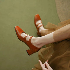 Aiertu NEW Spring Women Pumps Genuine Leather Shoes for Women Square Toe Chunky Heel Shoes Concise Mary Janes High Heel Women Shoes Aiertu