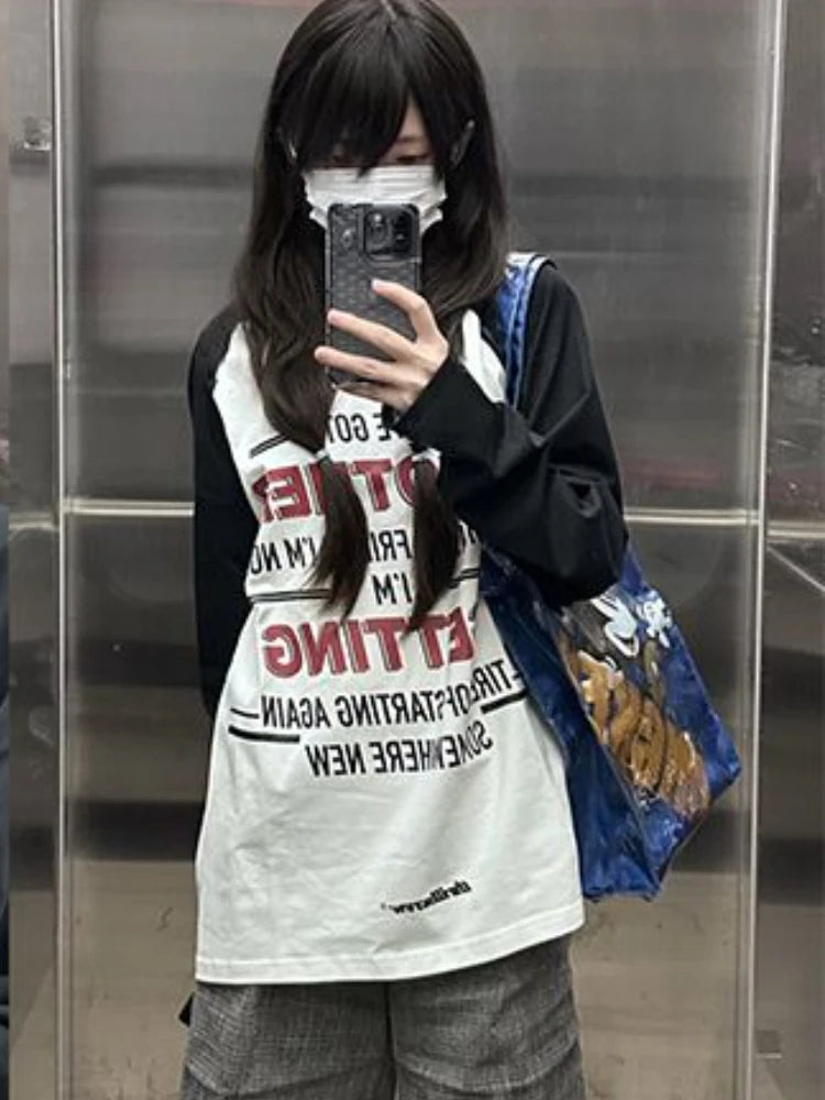 Aiertu Casual Loose Preppy Letter Print Tshirts Patchwork Contrast Color Trendy T-shirts Women Streetwear Grunge Long Sleeve Tees Y2k Aiertu