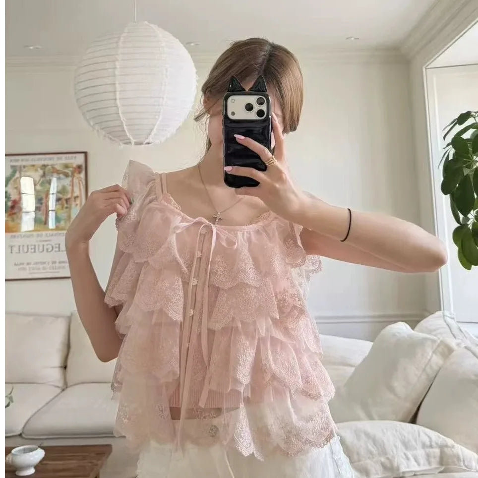 AIERTU  -  Korean Style Chic Fashion Summer Anti-Aging Lace Patterned Women's Shirt with Ruffle Sleeves Short Sleeve Versatile Fit Aiertu