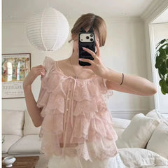 AIERTU  -  Korean Style Chic Fashion Summer Anti-Aging Lace Patterned Women's Shirt with Ruffle Sleeves Short Sleeve Versatile Fit Aiertu