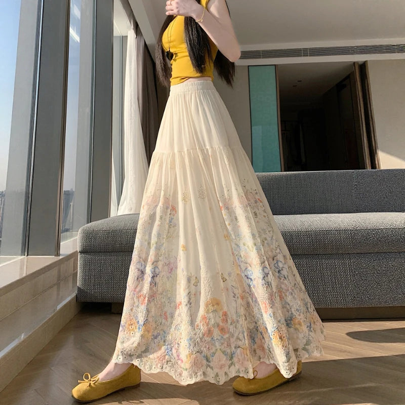 AIERTU  -  New Summer Hot Selling Pleated Skirt with Lace Embroidery and Hollowed out Skirt for Women Aiertu
