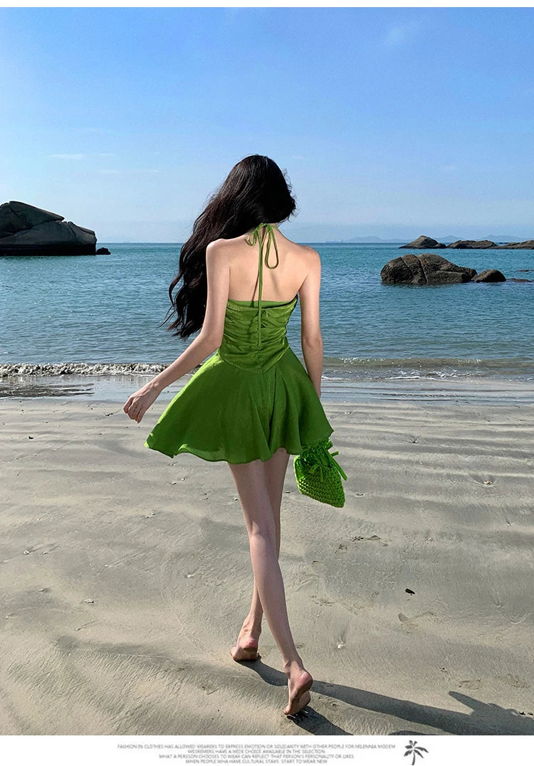 Aiertu Summer Green Sleeveless Slip Sexy Club Vacation Elegant Pleated Mini Dress 2024 New Fashion Evening Party Dress Women Streetwear Aiertu