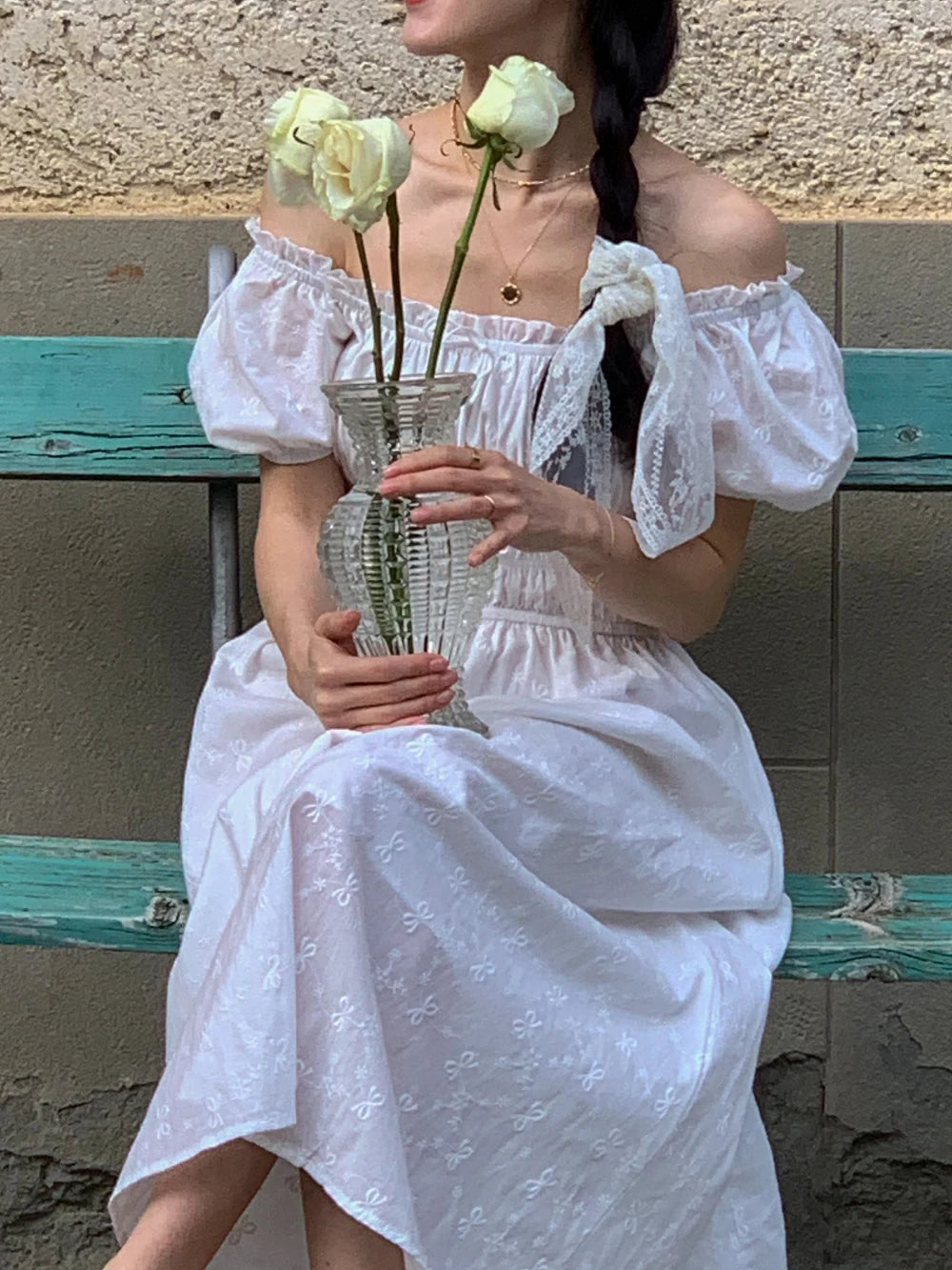 AIERTU  -  Retro Korean Style U-Neck Bubble Sleeve White Dress Women's Summer New Waist Cinched Maxi Freshwater Pearl Dress Aiertu