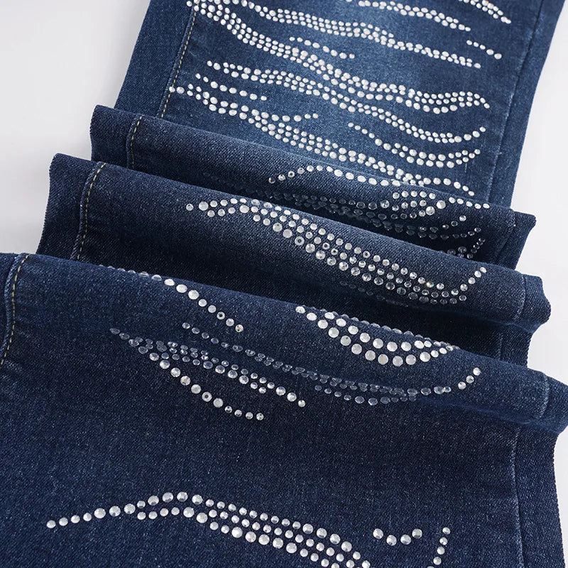 AIERTU  -  Women's Low Waist Flare Jeans Rhinestone Wave Pattern Bootcut Denim Pants Y2K Vintage Slim Fit Bell Trousers Streetwear Outfit Aiertu