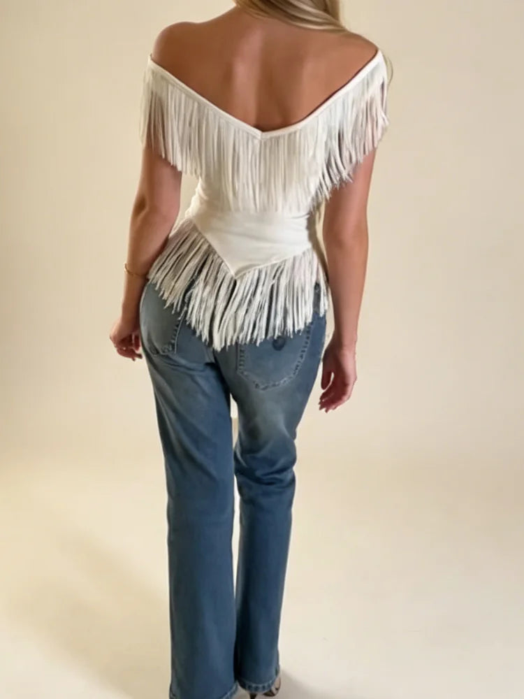 AIERTU  -  Casual V-Neck Fringe Top For Women Off Shoulder Short Sleeve Asymmetric Hem Slim Fit T-Shirt Lady's Western Style Daily Tops Aiertu