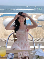 Aiertu Elegant Sleeveless Strap Mini Dress Women Beach Style Lace Dress Even Party 2024 Summer Vintage One Piece Dress Korean Fashion Aiertu