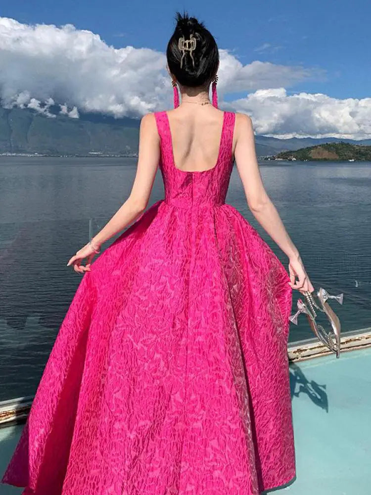 Aiertu Summer New Women French Rose Red Elegant Jacquard Evening Party Dresses Square Neck Backless Princess Birthday Long Dress Simple Aiertu