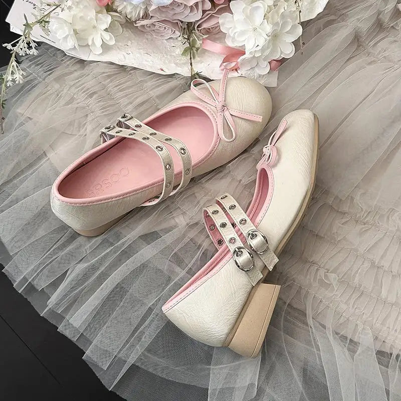 AIERTU  -  Pink Floral Pattern Low Heel Mary Jane Shoes Women Summer Comfort Silver Bowknot Ballet Flats Woman's Lolita Shoes Aiertu