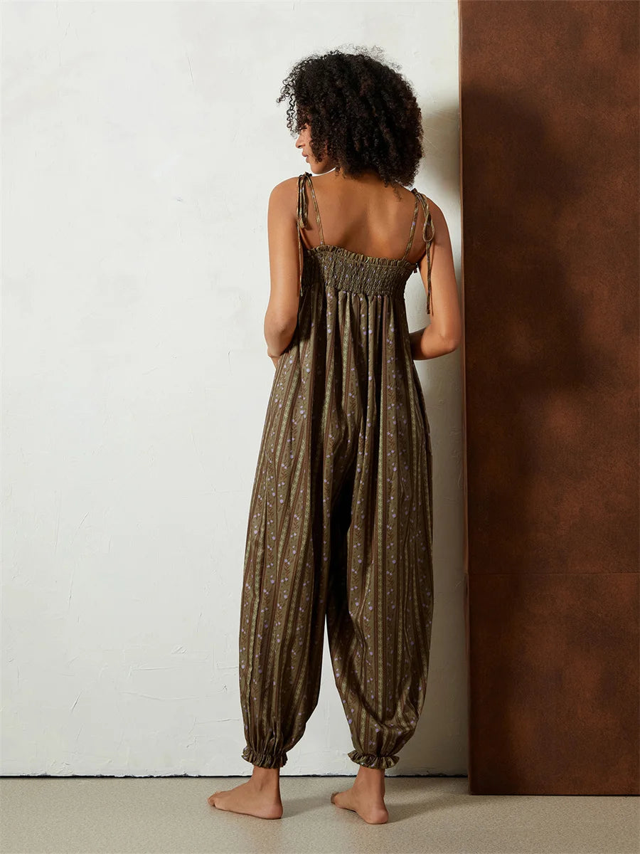 AIERTU  -  Summer Women Long Jumpsuits Retro Floral Print Tie-Up Spaghetti Strap Lantern Pant Romper Casual Loose Cami Overalls Aiertu