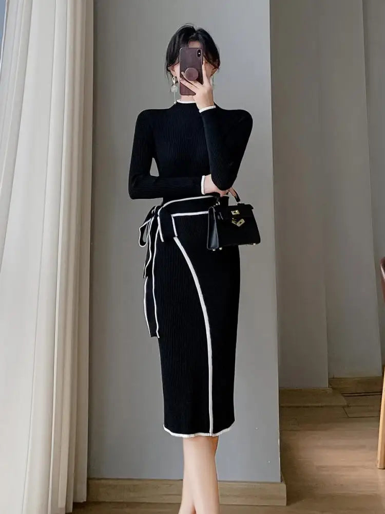 Aiertu Korean Fashion Slim Half High Neck Black White Patchwork Sweater Dress Women Elegant Slim Long Sleeve Bandage Knitted Midi Dress Aiertu