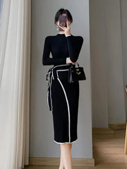 Aiertu Korean Fashion Slim Half High Neck Black White Patchwork Sweater Dress Women Elegant Slim Long Sleeve Bandage Knitted Midi Dress Aiertu