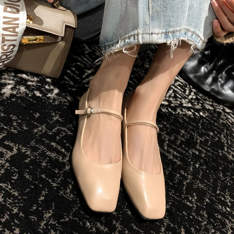 Fashion Pumps New High Quality Genuine Leather Vintage Mary Jane Shoes Square Toe High Heels Flat Shoes Lightweight Shoes Aiertu