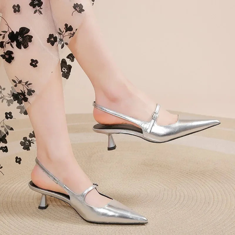 Shoes for Women New Pointed Toe Women's Slingback Sandals Simple and Elegant Dress Shoes High Quality Silver Heels Women Aiertu