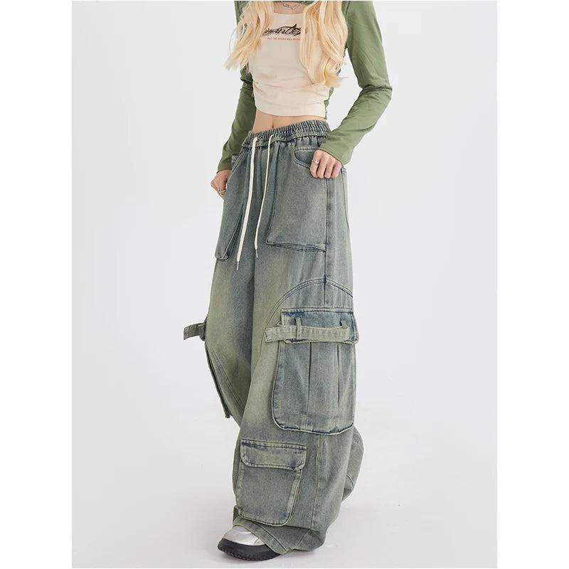 Aiertu Women Blue Jeans Cargo Pants Streetwear High Waist American Wide Leg Pants Fashion Y2K Style Female Winter Straight Trousers Aiertu