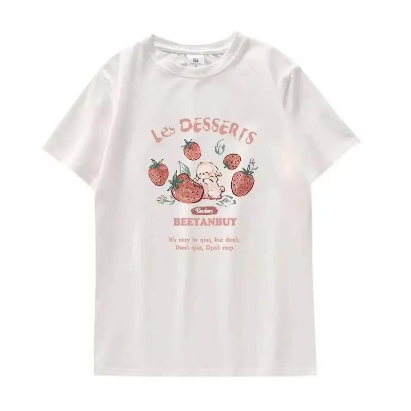 Aiertu Y2k Aesthetic Summer New Cartoon Strawberry T-shirts Harajuku Short Sleeve Loose OCasual Tops Women O Neck All Match Casual Tees Aiertu