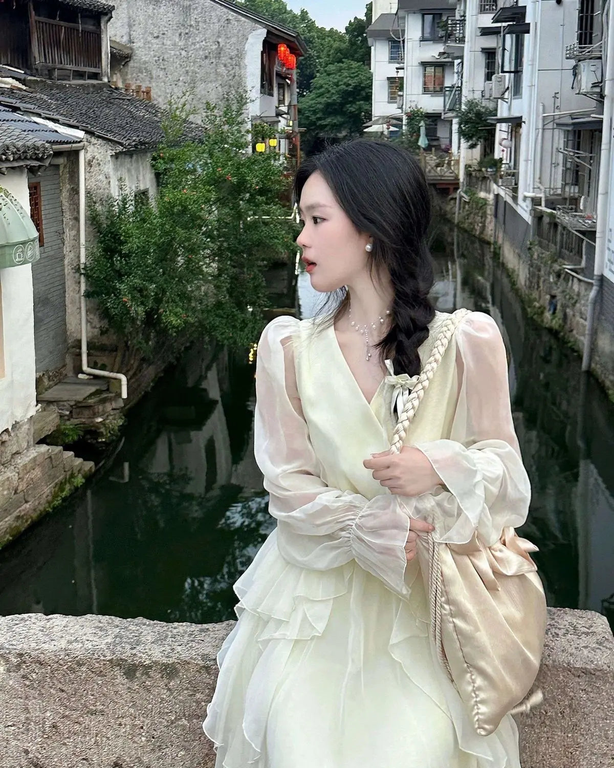 AIERTU  -  Spring/summer Women's New Milky White French First Love Long Skirt Fairy Skirt Gentle Style V-neck Slimming Drape Dress Aiertu