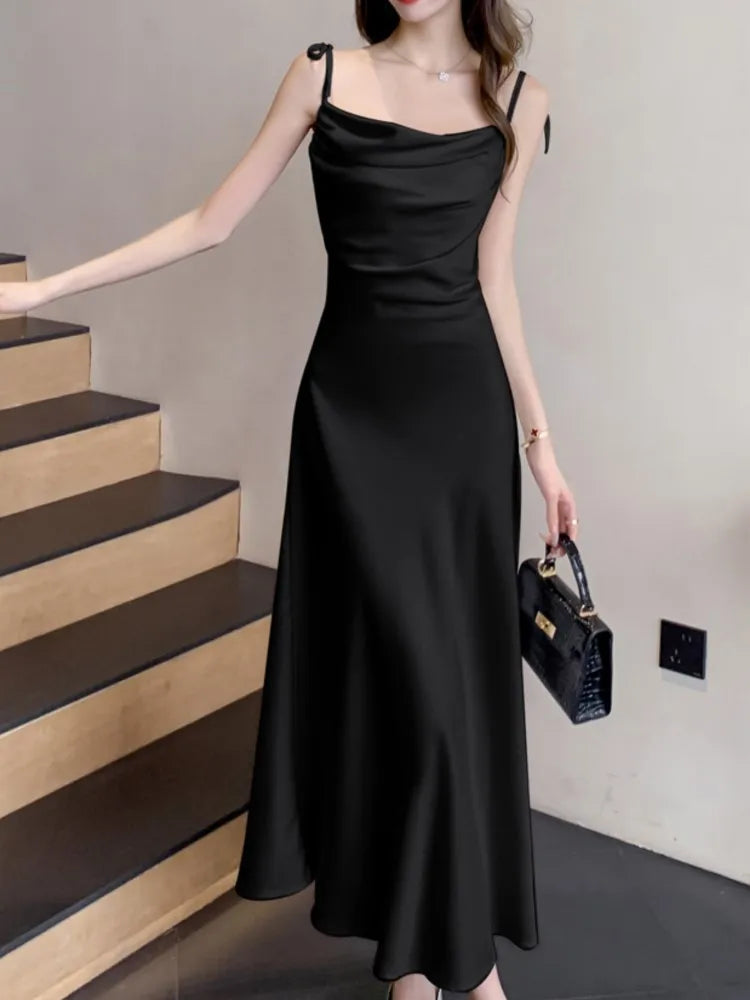 Aiertu Sleeveless Solid Chic Women Summer Dress Spaghetti Strap Satin Bodycon Elegant Midi Party Vestidos Female Long Clothes New Robe Aiertu