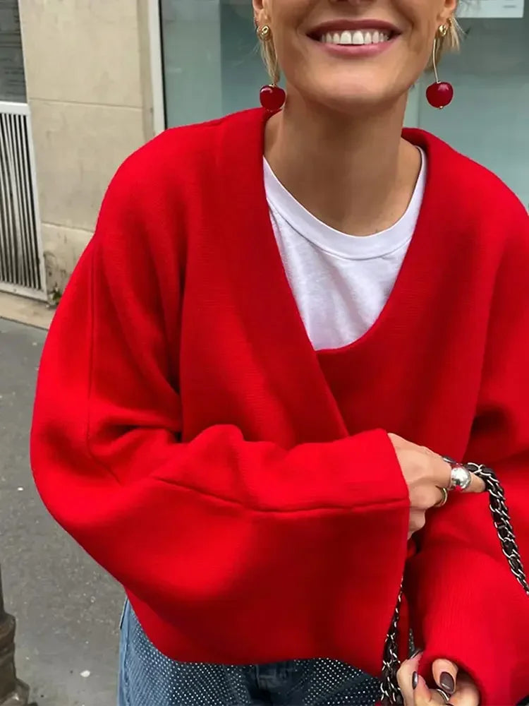 Red Women Chic V Neck Loose Sweater Casual Long Sleeves Knitted Warm Pullover New Autumn Female Fashion Knitwear Tops Aiertu