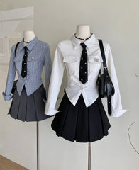 Aiertu Women JK Preppy Y2k Gyaru Kpop 2000s Outfits 2 Piece Set Long Sleeve Shirts With Tie Crop Tops + Mini Pleated Skirts With Belt Aiertu