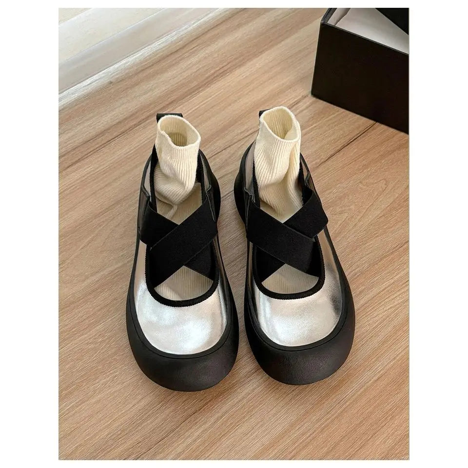 AIERTU  -  Women Mary Jane Shoes Retro Round Toe Cross Strap Chunky Casual Height Increase Shoes Fashion Shallow Versatile Ballet Flats
