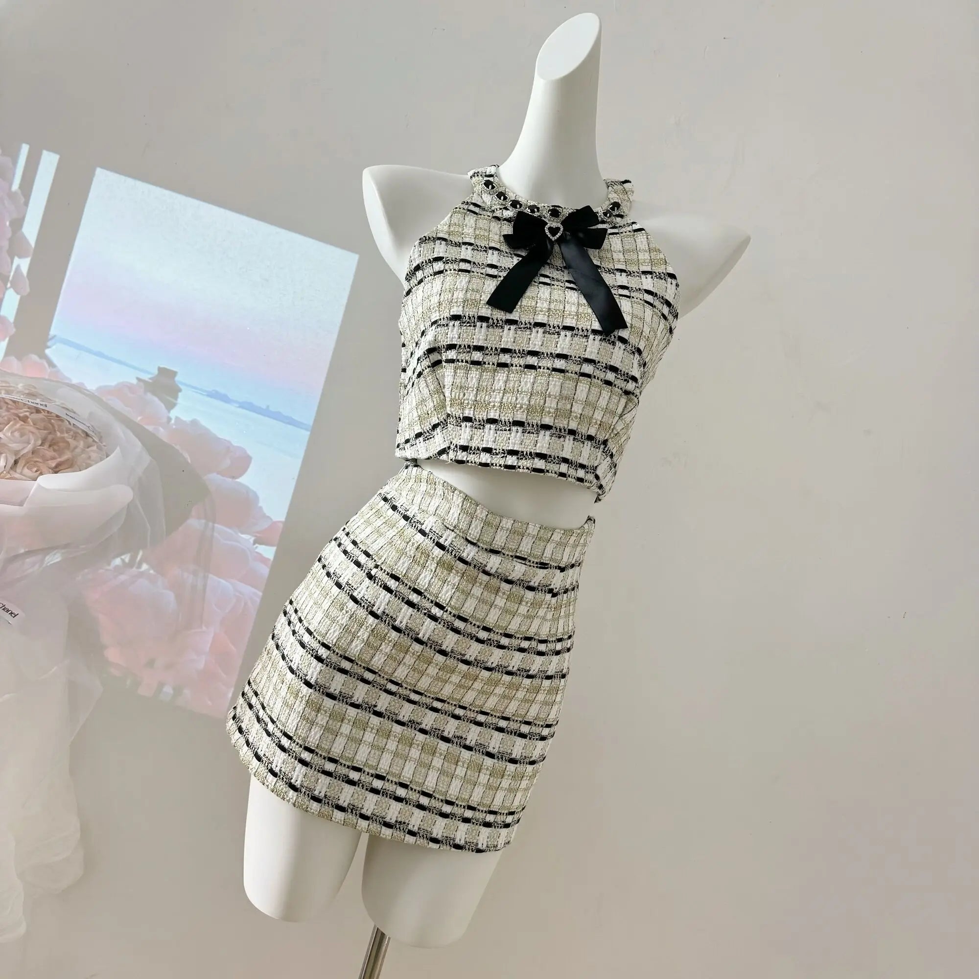 Aiertu French Luxury Small Fragrance Tweed Two Piece Set Women Sweet Crop Top + Skirt Suits Korean Hotsweet Sexy Summer 2 Piece Sets Aiertu