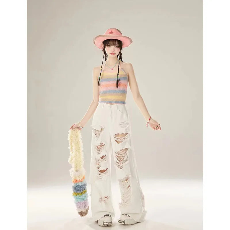Aiertu Women's White Baggy Ripped Jeans Vintage Cowboy Pants Harajuku Streetwear Oversize Denim Trousers Y2k Trashy 2000s Clothes 2024 Aiertu