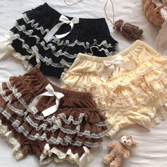 Autumn Winter Warm Lolita Safety Short Pants Women Sweet Chic Plush Bloomers Japanese Y2k Lace Bow Knickers Harajuku Cute Shorts Aiertu