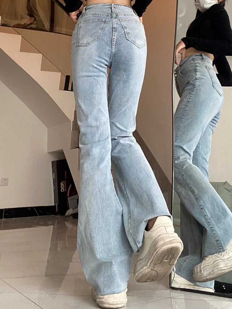 Aiertu Vintage Flared Stretch Jeans Women High Waist Skinny Boot Cut Gray Denim Pants Y2K Punk Streetwear Wide Leg Trousers Aiertu