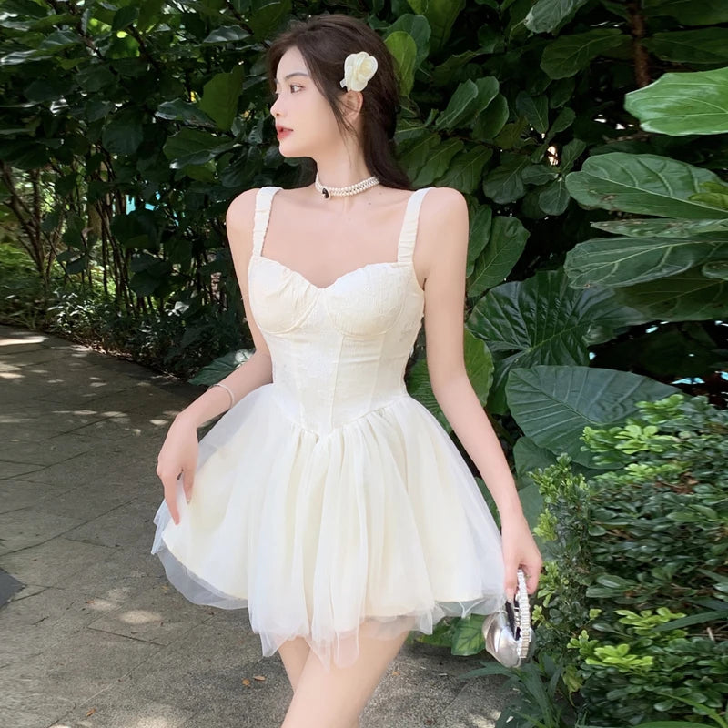 Women Retro Slit V neck Corset Strap Dress Bright Chiffon Spliced Wood ears Ruffle Hem Cake Mini Party Dresses Robe Aiertu