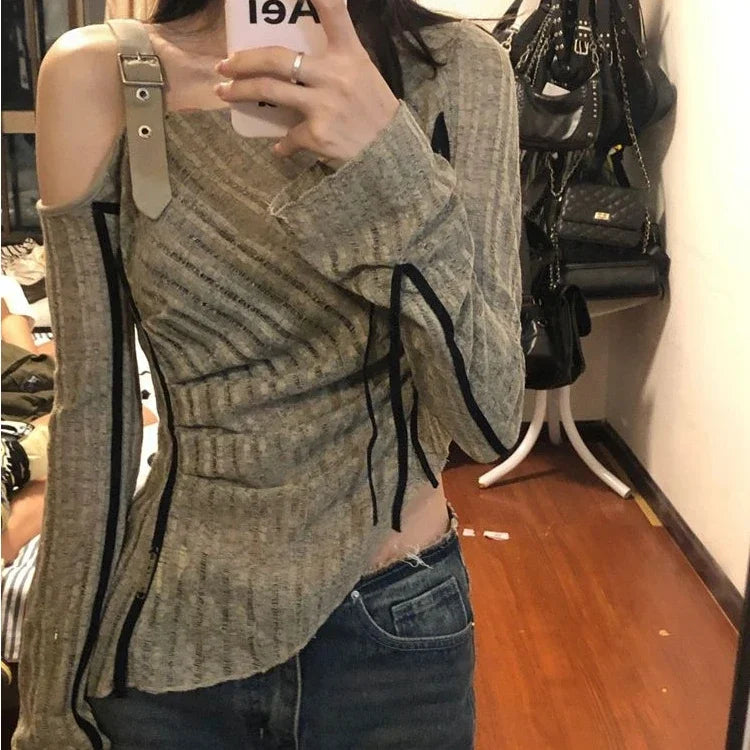 Aiertu 2024 Spring Autumn Grunge Fashion Off Shoulder T-shirts Streetwear Slim Hollow Out Knitted Top Women Patchwork 2k Aesthetic Tees Aiertu