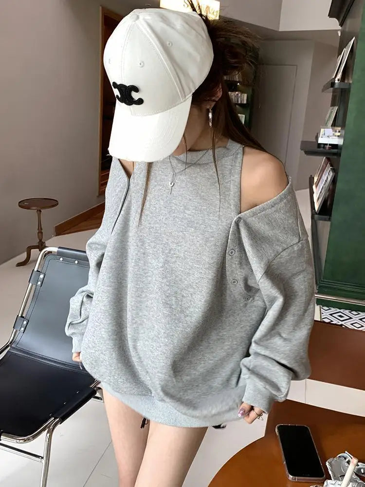 Aiertu Women Black Elegant Long Sleeve Button Off Shoulder T Shirt Casual For Spring Autumn Gray Round Neck Loose Pullover Tops Fashion Aiertu