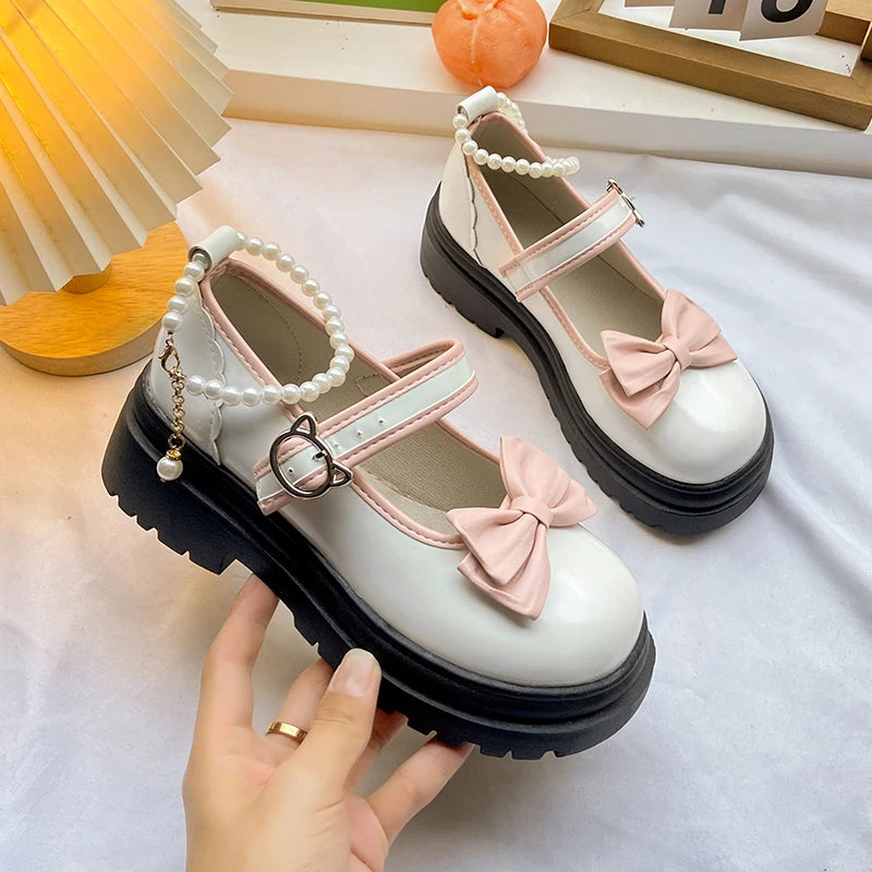 Aiertu Summer Female Shoes Fashion Mary Jane Shoes Round Head Band Heel Shoes Women Bow Pearl Square Heel Low-top Pumps Aiertu
