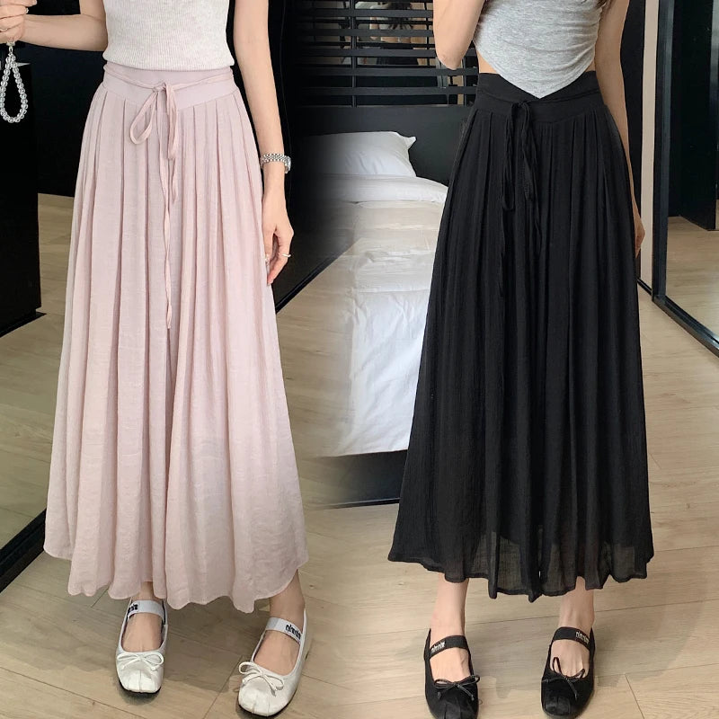 Aiertu Women Elegant High Waist Maxi Lace Up Skirt Summer Ladies Casual Elastic Waist Pleated Long Skirts Fairy A-line Mid Length Aiertu