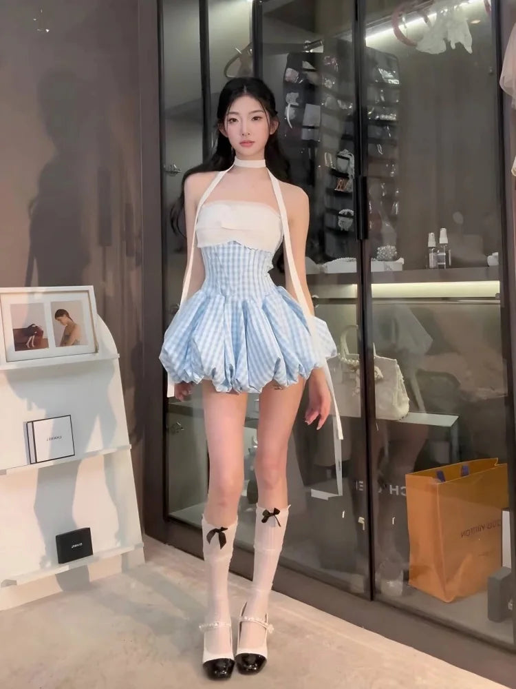 AIERTU  -  Blue Gingham Halter Mini Dress Women Y2K Ruffle Bustier Puff Balloon Hem Party Dress Aiertu