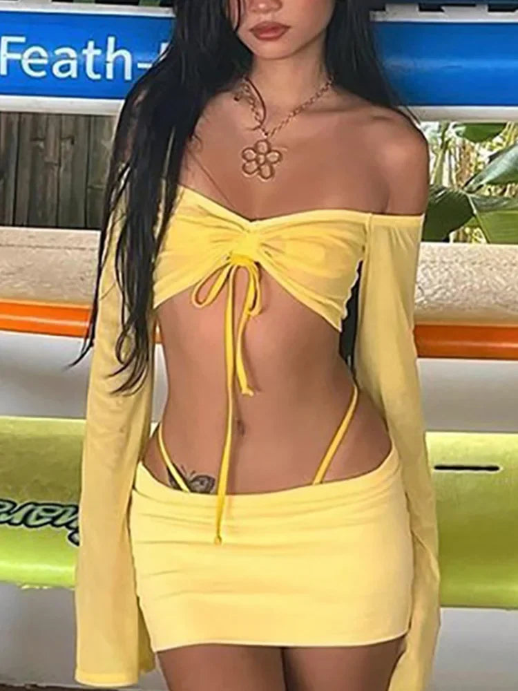 Aiertu Y2K Aesthetics Sexy Co-ord Sets Yellow 2000s Clubwear Off Shoulder Flare Sleeve Crop Tops and Micro Skirt 2 Piece Suits aiertu