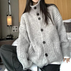 Aiertu Loose Lazy Sweater Women Twist Fashion Knit Autumn Winter Warm Cardigan Harajuku Stand Collar Gray Vintage Female Jumpers aiertu