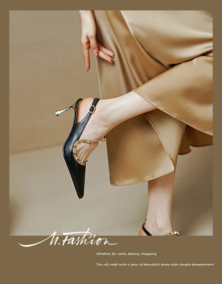 Aiertu NEW Summer/Spring Women Shoes Pointed Toe Thin Heel Sandals Rivet High Heels Concise Genuine Leather Shoes Dress Shoes for Women Aiertu