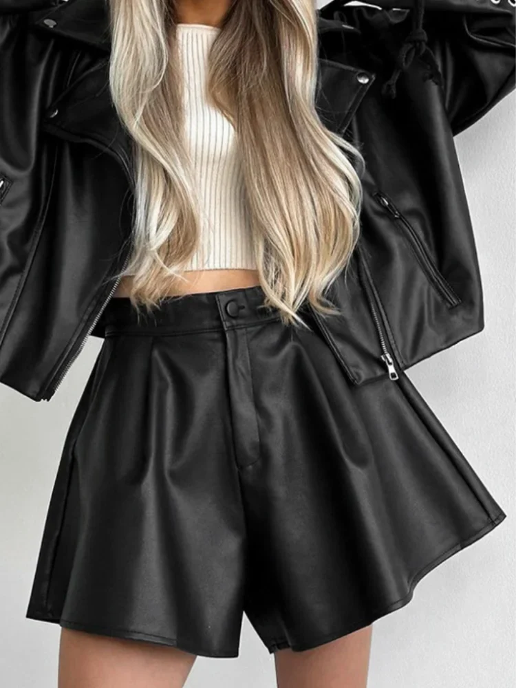 Aiertu Black Leather Shorts Women Autumn Winter Pleated High Waist Sexy Pu Shorts Casual Wide Leg Shorts Female Office Ladies aiertu
