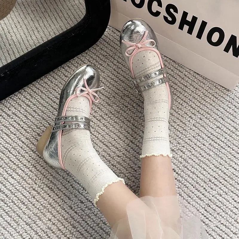 AIERTU  -  Pink Floral Pattern Low Heel Mary Jane Shoes Women Summer Comfort Silver Bowknot Ballet Flats Woman's Lolita Shoes Aiertu