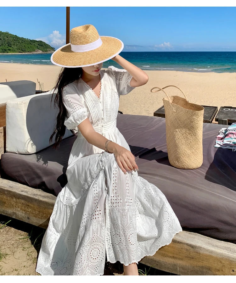 Aiertu Vintage Summer White Hollow Out Embroidery Long Dress For Women V Neck Short Sleeve High Waist Slim Evening Party Dresses French Aiertu