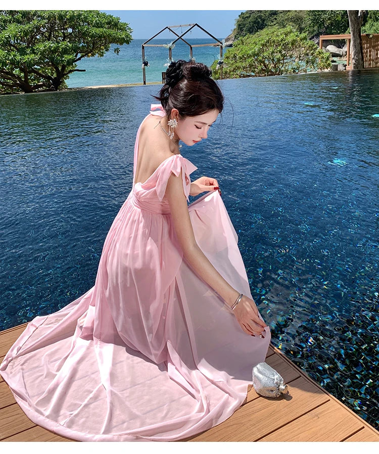 Aiertu Pink High Waist Women Temperament Backless Pleated Vest Dress Summer 2024 New Ladies V-neck Sleeveless Elegant Long Dresses Robe Aiertu