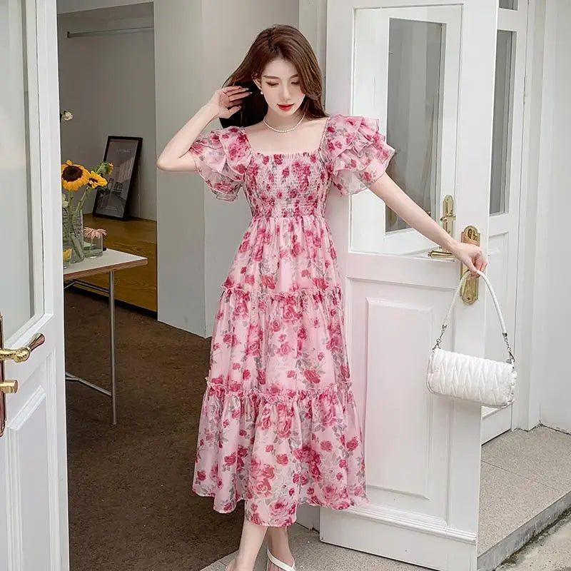 Aiertu Summer New Square Collar Pleated Long Dress French Style Butterfly Sleeve Elegant Sweet Print Dress Female Fashion Night Party Aiertu